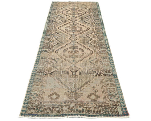 9 Ft Vintage Brown Persian Style Hand Knotted Low Pile Wool Runner Rug